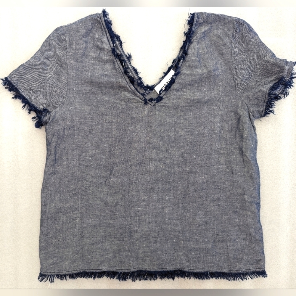 HIGHLINE Collective short sleeve linen denim look fringy oversized Tshirt Sz XS